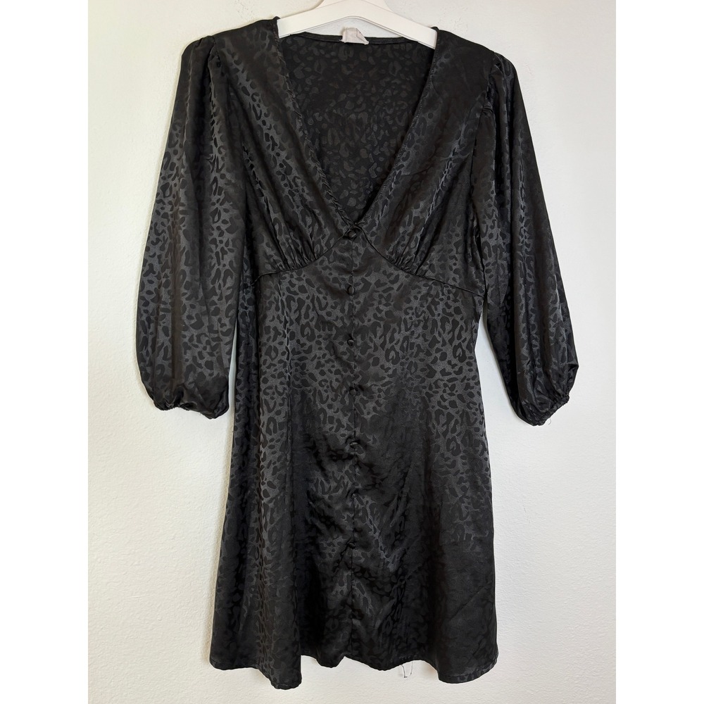 Cotton On Black Leopard Jacquard Button Front Mini Dress V-Neck Long Sleeve M